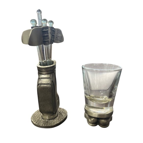Great Shot Glass Golf Theme + Pewter Golf Bag & 19th Hole Acrylic Stir Stick Set - Picture 2 of 7